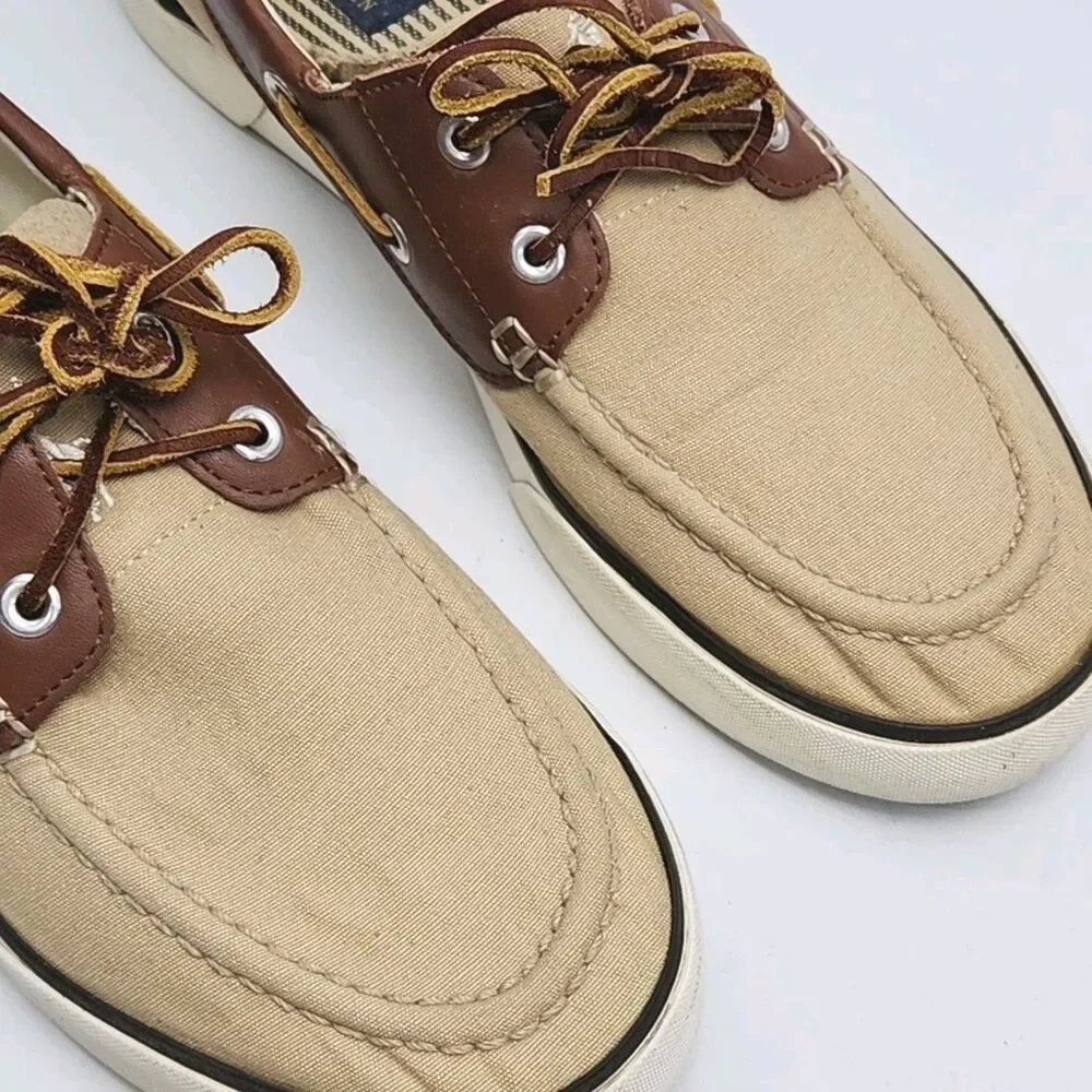 Polo Ralph Lauren Boat Shoes Men Sz 9.5 D Tan Brown Canvas Leather Rylander
